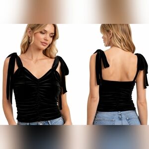 NWT Express Velvet Sweetheart Tie Strap Ruched Tank Top Black Bow